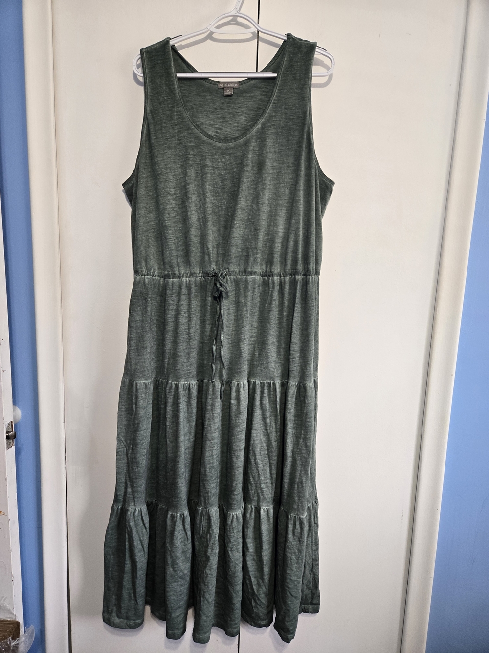 Falls Creek 2X Green Tiered Maxi Dress Sleeveless Drawstring Waist